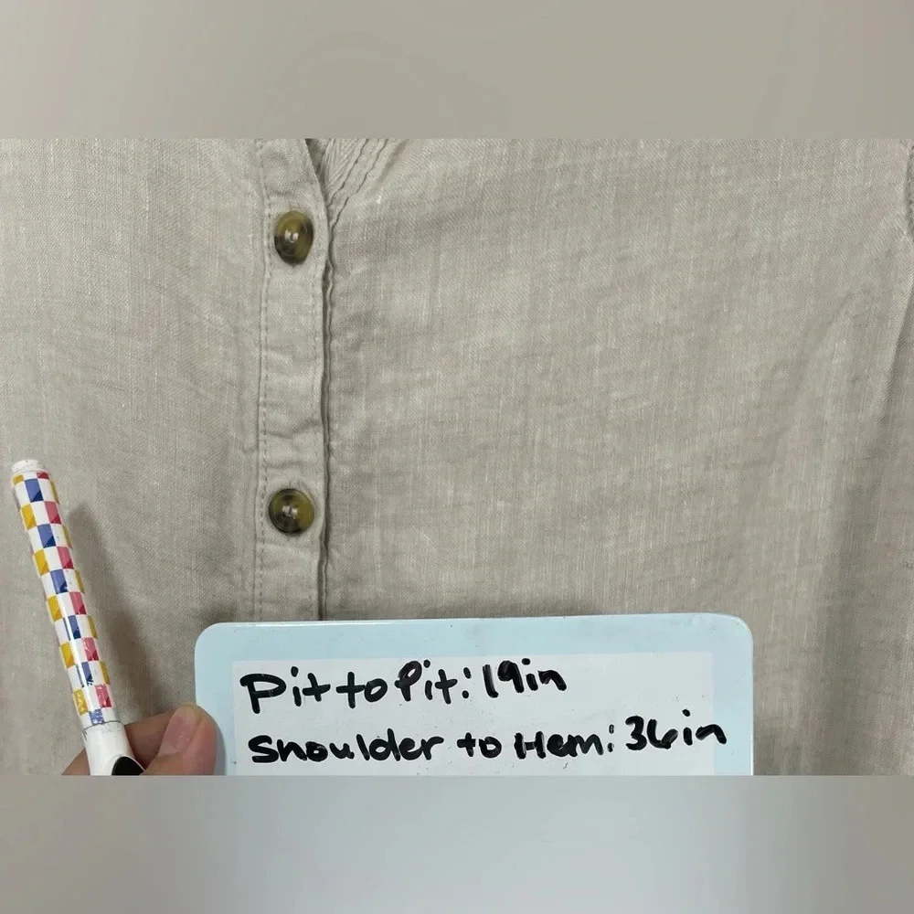 Tahari 100% Linen Beige Sleeveless Collared Button Down Shirt Dress Women Large